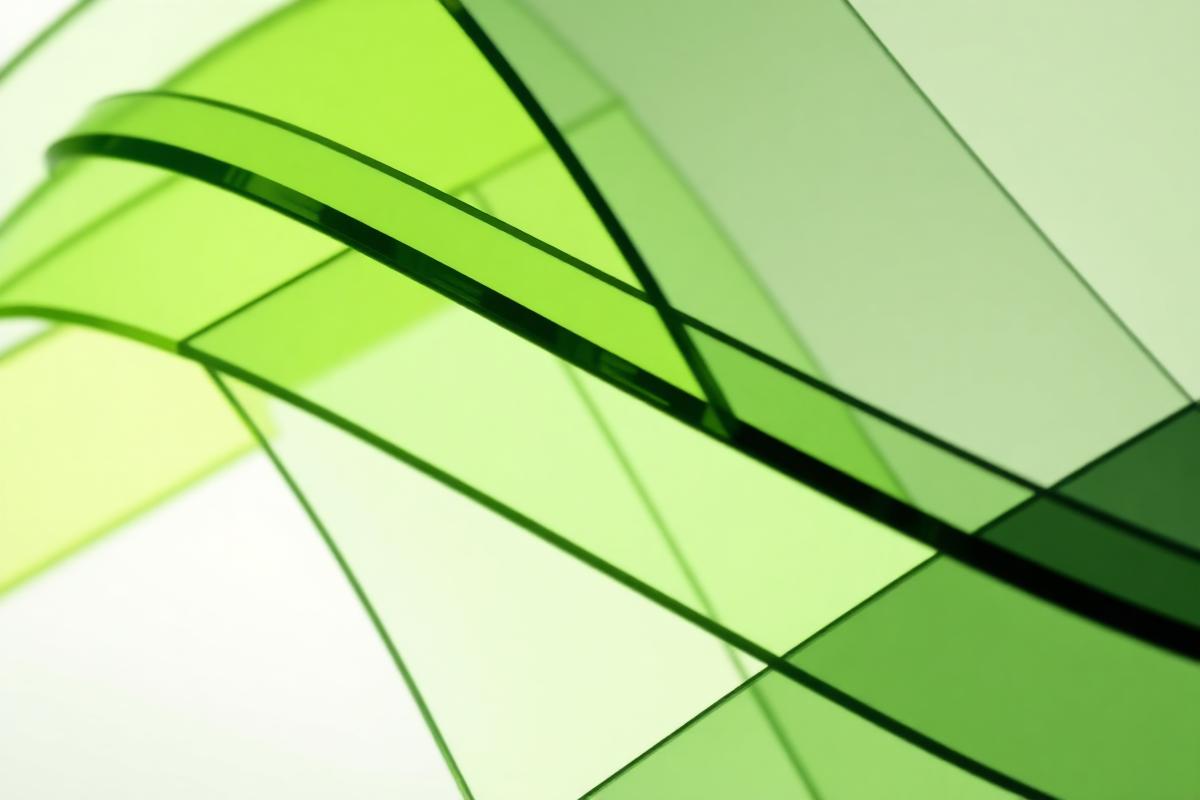 Abstract layered translucent green glass shapes forming a rising staircase
