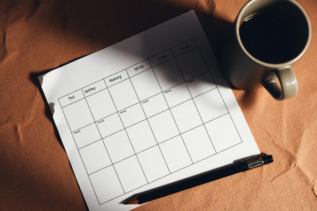 A printed weekly planning grid on textured paper next to a pen and coffee cup