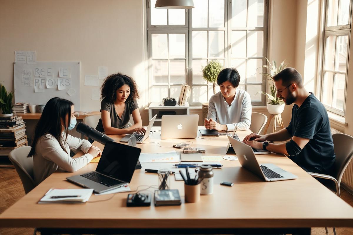 Four studio team members planning a week of work around a shared desk